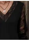 Kadın Uzun Kollu V Dantel Yakalı Viskon Bluz