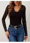 Kadın Uzun Kollu V Derin Dantel Yakalı Kaşkorse Bluz