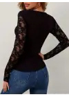 Kadın Uzun Kollu V Derin Dantel Yakalı Kaşkorse Bluz