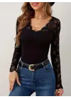 Kadın Uzun Kollu V Derin Dantel Yakalı Kaşkorse Bluz
