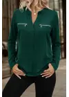 Kadın Uzun Kollu V Hakim Yaka Fermuar Detaylı Viskon Bluz