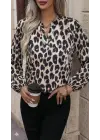 Kadın Uzun Kollu V Hakim Yakalı Leopar Desenli Süprem Bluz