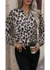 Kadın Uzun Kollu V Hakim Yakalı Leopar Desenli Süprem Bluz