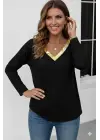 Kadın Uzun Kollu V Parlak Yaka Detaylı Viskon Bluz