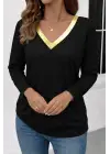Kadın Uzun Kollu V Parlak Yaka Detaylı Viskon Bluz