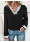 Kadın Uzun Kollu V Pulpayet Yakalı Ithal Krep Bluz