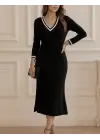 Kadın Uzun Kollu V Ribana Yakalı Yanlardan Yırtmaçlı Midi Viskon Iki Iplik Elbise