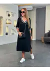 Kadın Uzun Kollu V Ribana Yakalı Yanlardan Yırtmaçlı Midi Viskon Iki Iplik Elbise