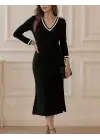 Kadın Uzun Kollu V Ribana Yakalı Yanlardan Yırtmaçlı Midi Viskon Iki Iplik Elbise