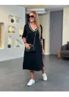 Kadın Uzun Kollu V Ribana Yakalı Yanlardan Yırtmaçlı Midi Viskon Iki Iplik Elbise