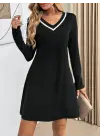 Kadın Uzun Kollu V şerit Yakalı Kısa Viskon Iki Iplik Elbise
