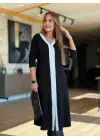 Kadın Uzun Kollu V şerit Yakalı önden Kısa Yırtmaçlı Detaylı Midi Viskon Iki Iplik Elbise