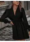 Kadın Uzun Kollu V Yaka Belden Hafif Pileli Scuba Krep Mini Boy Elbise