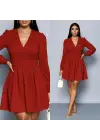 Kadın Uzun Kollu V Yaka Belden Hafif Pileli Scuba Krep Mini Boy Elbise