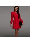 Kadın Uzun Kollu V Yaka Belden Hafif Pileli Scuba Krep Mini Boy Elbise