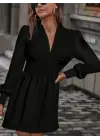 Kadın Uzun Kollu V Yaka Belden Hafif Pileli Scuba Krep Mini Boy Elbise