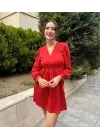 Kadın Uzun Kollu V Yaka Belden Hafif Pileli Scuba Krep Mini Boy Elbise