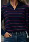 Kadın Uzun Kollu V Yaka çizgili Triko Bluz