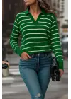 Kadın Uzun Kollu V Yaka çizgili Triko Bluz