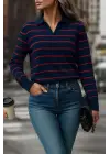 Kadın Uzun Kollu V Yaka çizgili Triko Bluz