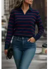Kadın Uzun Kollu V Yaka çizgili Triko Bluz