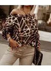 Kadın Uzun Kollu V Yaka Düşük Omuz Geometrik Desen şardonlu Dalgıç Bluz