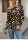 Kadın Uzun Kollu V Yaka Düşük Omuz Geometrik Desen şardonlu Dalgıç Bluz