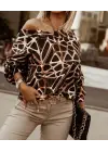 Modern Geometrik Desenli V Yaka Bluz