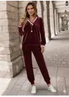 Kadın Uzun Kollu V Yaka Kadife Bluz Ve Pantolon Ikili Takım