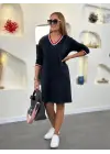 Kadın Uzun Kollu V Yaka Kol Ağzı Ve Yaka Ribana Detaylı Iki Iplik Mini Boy Elbise
