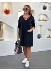 Kadın Uzun Kollu V Yaka Kol Ağzı Ve Yaka Ribana Detaylı Iki Iplik Mini Boy Elbise