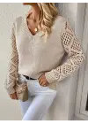 Kadın Uzun Kollu V Yaka Kol Delikli Baklava Desen Detaylı Triko Kazak