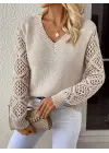 Kadın Uzun Kollu V Yaka Kol Delikli Baklava Desen Detaylı Triko Kazak