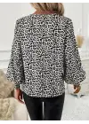 Kadın Uzun Kollu V Yaka Kollar Gipe Detaylı Leopar Desenli Süprem Bluz