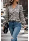 Göz Alıcı Leopar Desenli V Yaka Bluz