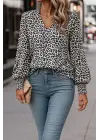 Kadın Uzun Kollu V Yaka Kollar Gipe Detaylı Leopar Desenli Süprem Bluz