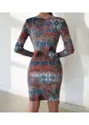 Kadın Uzun Kollu V Yaka Leopar Etnik Desen Fırsat ürün Mini Kruvaze Elbise