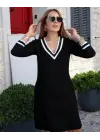 Kadın Uzun Kollu V Yaka şeritli Iki Iplik Salaş Elbise