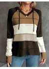 Kadın Uzun Kollu V Yakalı Bağcıklı Kapşonlu Triko Bluz