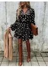 Kadın Uzun Kollu V Yakalı Belden Kuşaklı Puantiyeli Mini Modal Elbise