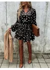 Kadın Uzun Kollu V Yakalı Belden Kuşaklı Puantiyeli Mini Modal Elbise