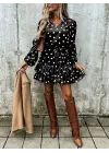 Kadın Uzun Kollu V Yakalı Belden Kuşaklı Puantiyeli Mini Modal Elbise