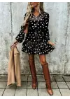 Kadın Uzun Kollu V Yakalı Belden Kuşaklı Puantiyeli Mini Modal Elbise
