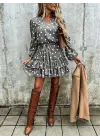 Kadın Uzun Kollu V Yakalı Belden Kuşaklı Puantiyeli Mini Modal Elbise