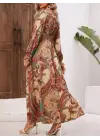 Desenli V Yakalı Uzun Kollu Elbise