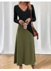 Kadın Uzun Kollu V Yakalı Blok Desenli Viskon Elbise