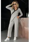 Kadın Uzun Kollu V Yakalı çapraz Detaylı şardonlu Kaşkorse Bluz Ve Pantolon Ikili Takım