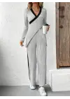Kadın Uzun Kollu V Yakalı çapraz Detaylı şardonlu Kaşkorse Bluz Ve Pantolon Ikili Takım