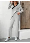 Kadın Uzun Kollu V Yakalı çapraz Detaylı şardonlu Kaşkorse Bluz Ve Pantolon Ikili Takım
