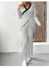 Kadın Uzun Kollu V Yakalı çapraz Detaylı şardonlu Kaşkorse Bluz Ve Pantolon Ikili Takım